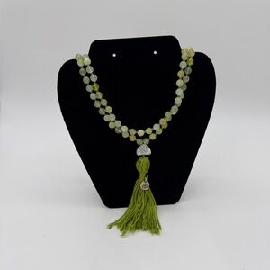 108 Green Lime Jade Beaded Tassel Male Necklace W/ Feng Shui Stone & Lotus Charm